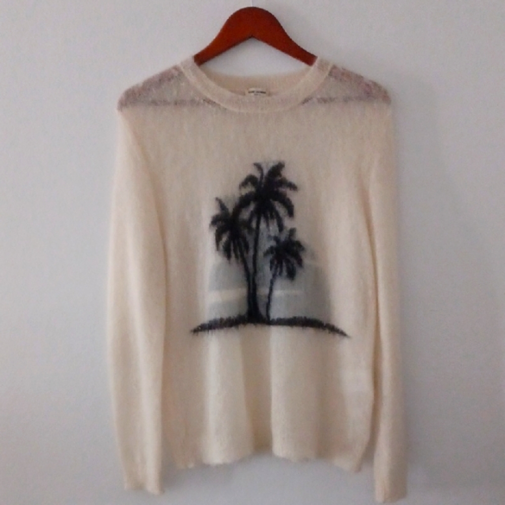 Saint Laurent Cream Sweater with Palm Tree Design, Unisex, Size Medium